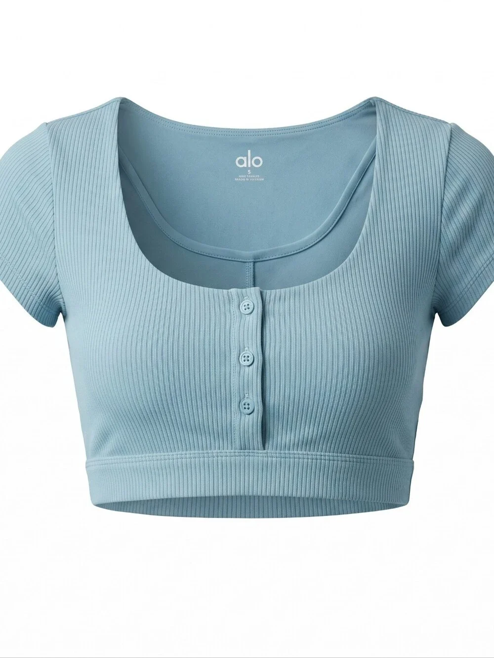Alo Yoga Blissful Henley Bra Top Blue Haze Ribbed Crop Top Size Small